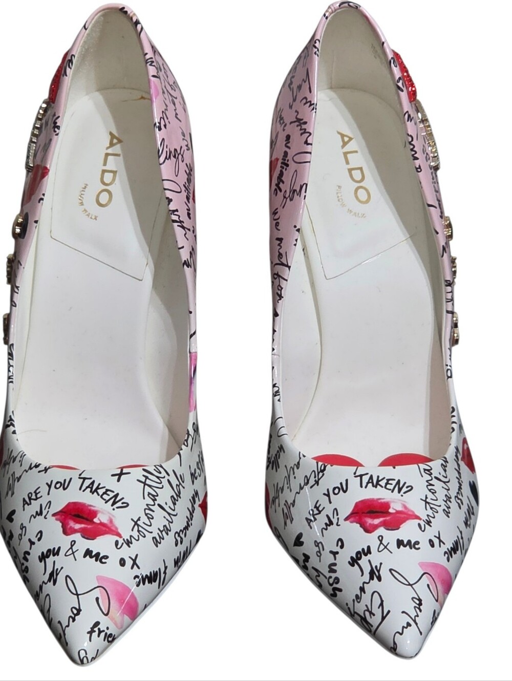 ALDO Valentine Heart Lips Print Pumps Heels Sz 9 Pink White Rhinestone Stilettos